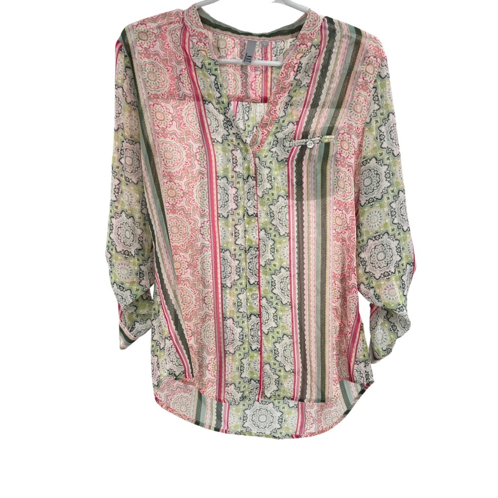 Kut from the Kloth sheer button front striped floral S colorful roll sleeve